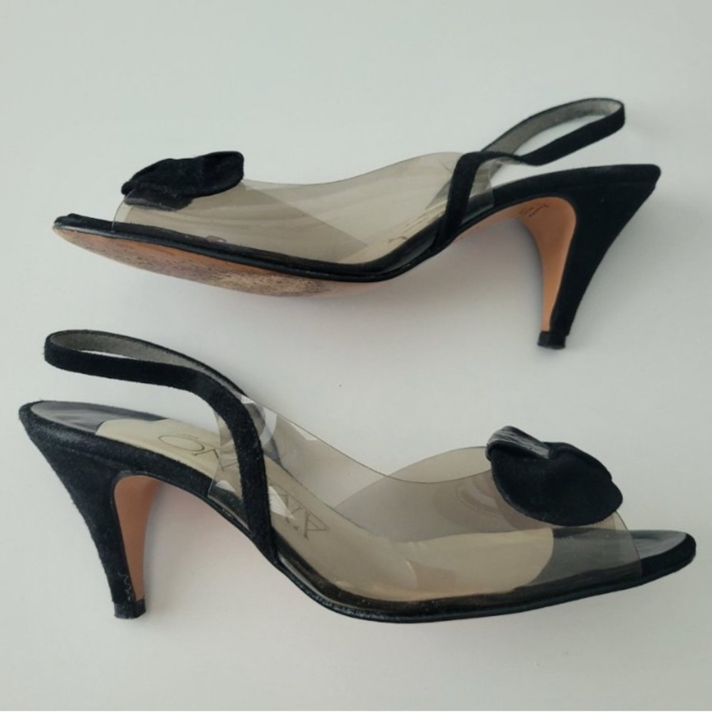 Vintage Amano Black & Clear Slingback Heels 7 M Peep-toe Leather Suede USA